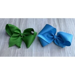 2- 7 Inch Deluxe Grosgrain Hair‎ Bow Clip For Woman And Girls Green And Blue